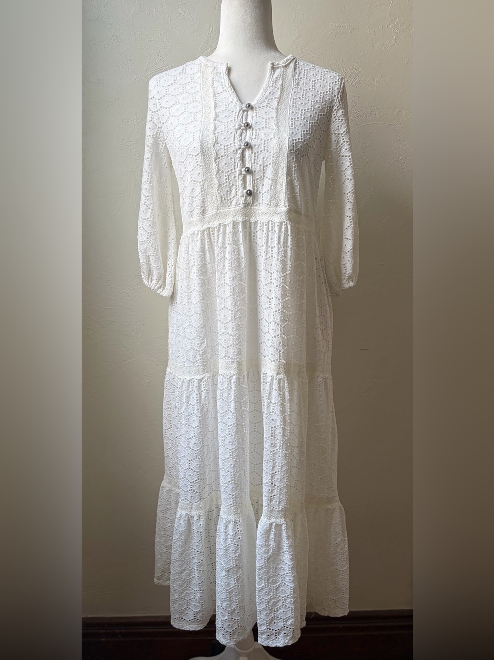 Fairhope White Eyelet Lace Tiered Maxi Dress Boho Cottagecore Small